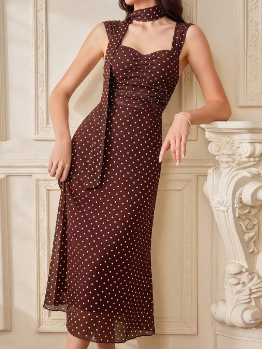 Brown Polka Dot Midi Dress with Attached Scarf Tie - Picture 1 of 7